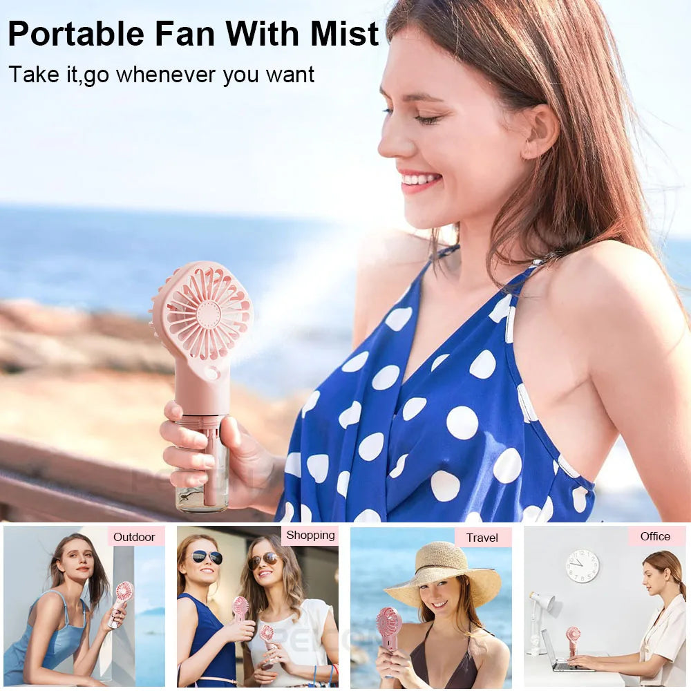 Mini Ventilateur Brumisateur Portable – Rechargeable USB, 4 Vitesses, Puissant | Ventilateur à Brume d'Eau pour Extérieur et Usage Personnel