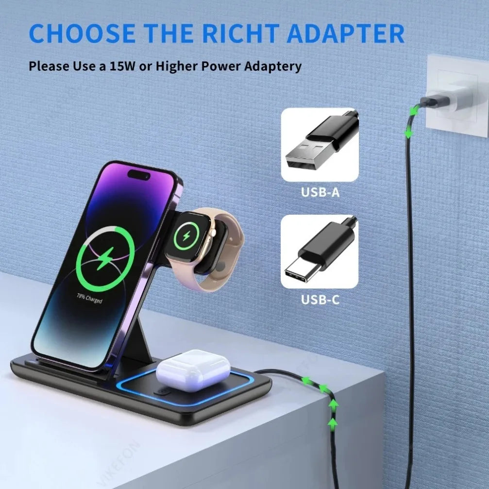 Station de Charge Sans Fil 3 en 1 Pliable – Compatible iPhone 17/16/15/14/13/12/8/SE Pro Max, Apple Watch 11, AirPods Pro 4/3 | Chargeur Rapide
