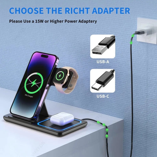 Station de Charge Sans Fil 3 en 1 Pliable – Compatible iPhone 17/16/15/14/13/12/8/SE Pro Max, Apple Watch 11, AirPods Pro 4/3 | Chargeur Rapide