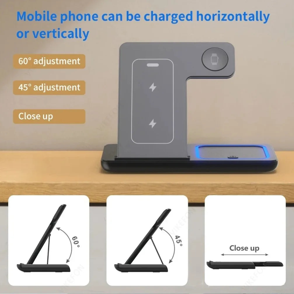 Station de Charge Sans Fil 3 en 1 Pliable – Compatible iPhone 17/16/15/14/13/12/8/SE Pro Max, Apple Watch 11, AirPods Pro 4/3 | Chargeur Rapide