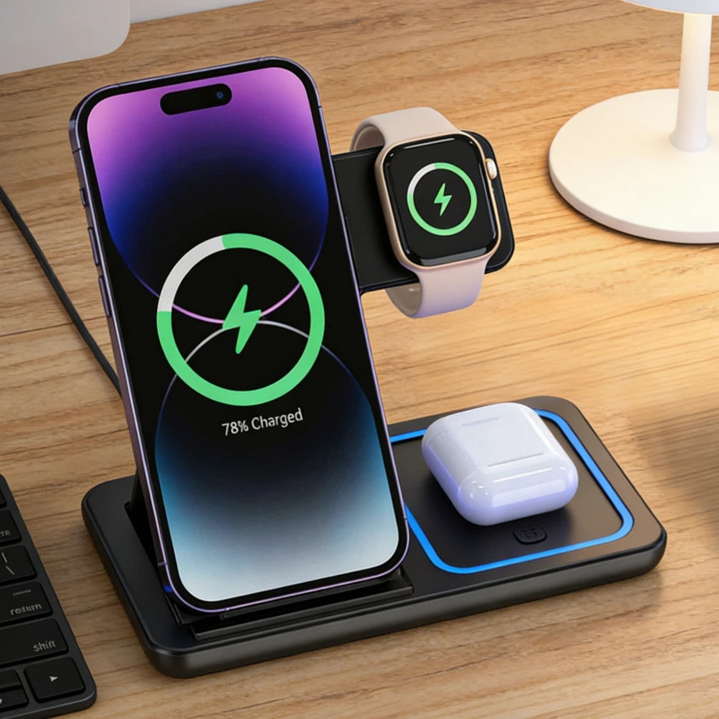 Station de Charge Sans Fil 3 en 1 Pliable – Compatible iPhone 17/16/15/14/13/12/8/SE Pro Max, Apple Watch 11, AirPods Pro 4/3 | Chargeur Rapide