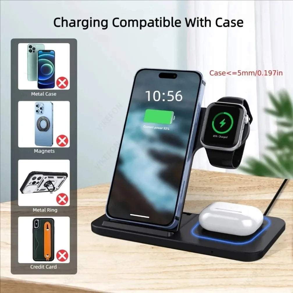 Station de Charge Sans Fil 3 en 1 Pliable – Compatible iPhone 17/16/15/14/13/12/8/SE Pro Max, Apple Watch 11, AirPods Pro 4/3 | Chargeur Rapide